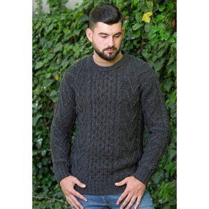 Saol Ireland Mens M Aran Fisherman Cable Knit Sweater Wool Charcoal RS10478 EUC